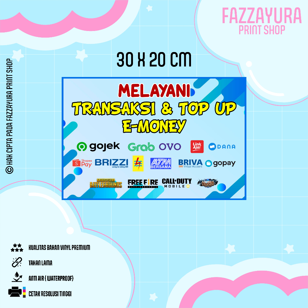 

STICKER MELAYANI TRANSAKSI & TOP UP E-MONEY 30 X 20 CM