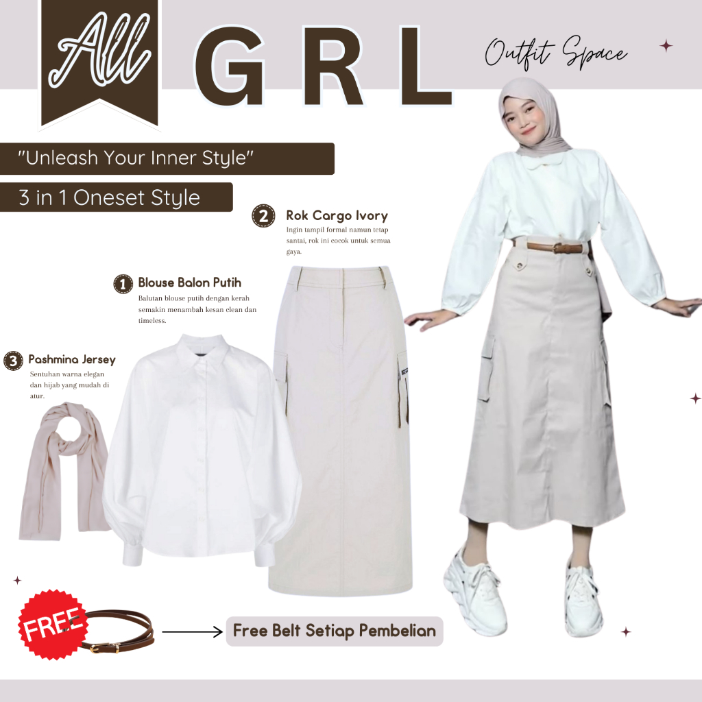 Outfit Kuliah Wanita Hijab Rok | Pashmina, Blouse Putih, Rok Cargo | Outfit Rok dan Atasan Kekinian 