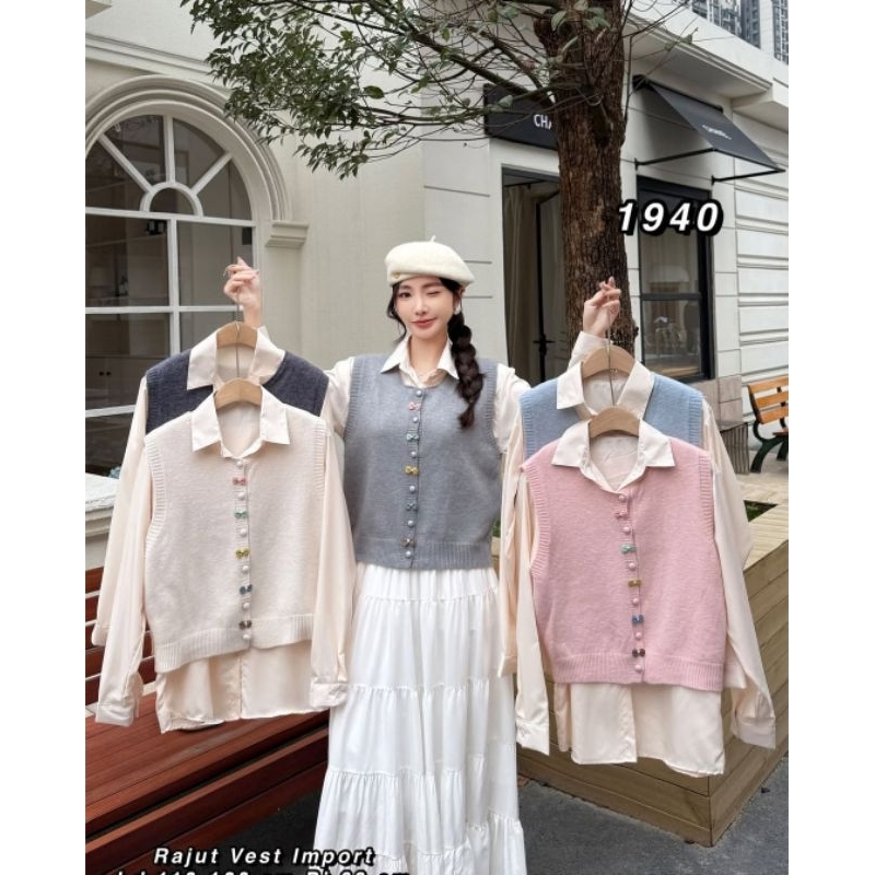 Blouse Kemeja 2in1 Vest Rajut Korean Style