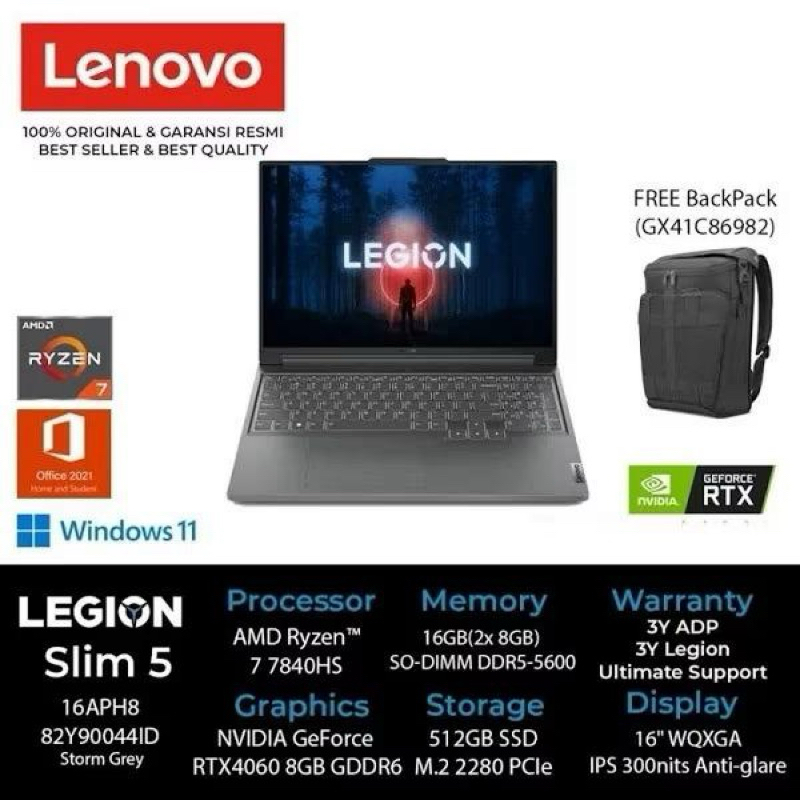Lenovo Legion Slim 5 16APH8 Ryzen 7 RAM 16 512 Second Like New