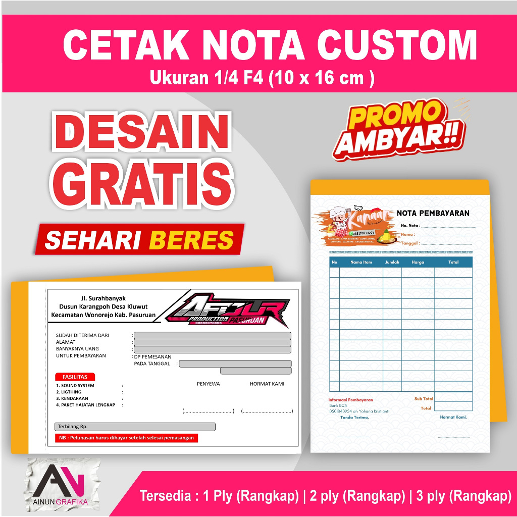 nota 1 ply, nota 2 ply, nota 3 ply, nota custom, cetak nota custom 1ply/ 2ply / 3ply ukuran 1/4 f4