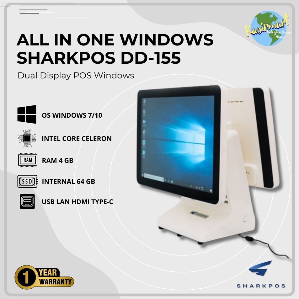 Mesin Kasir Monitor Touchscreen 15 inch Dual Display Sharkpos DD155 All in One Windows Sharkpos DD 1