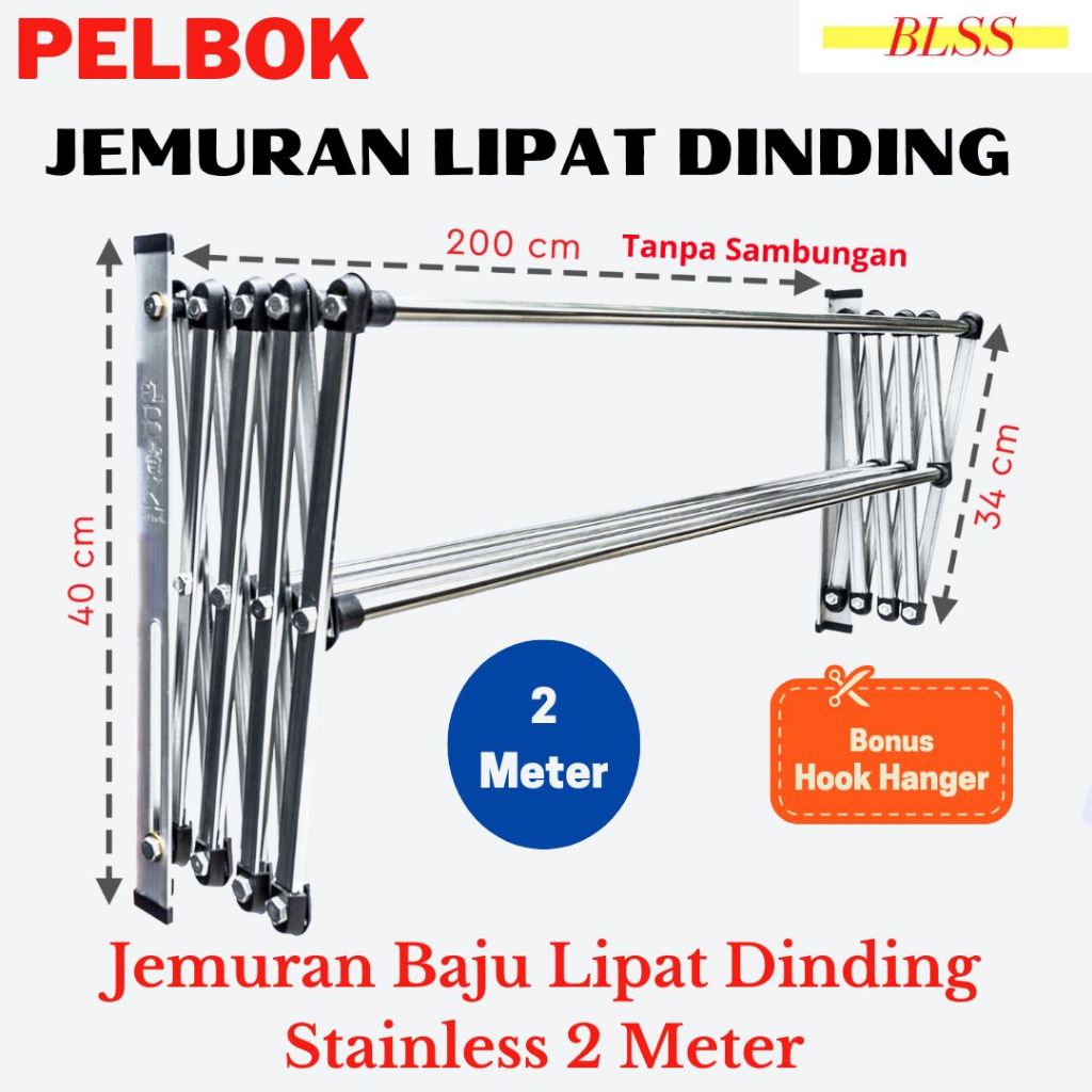 Jemuran Baju Stainless-Jemuran Baju Lipat Stainless Steel-Jemuran Lipat Dinding-PELBOK 3 5 7 Glg 200