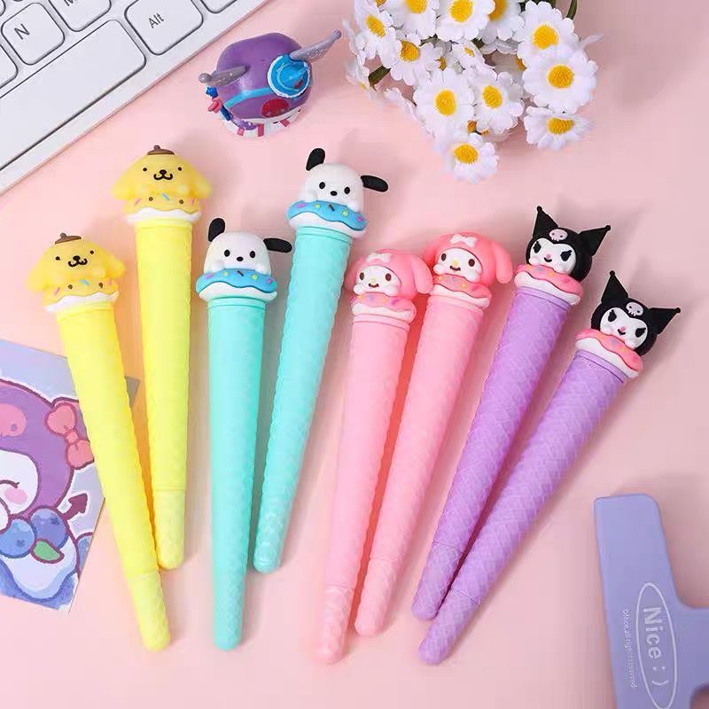 

HJK (12 Pcs) Pulpen Es Krim Sanrio Pen Ice Cream Melody Purin Kuromi Pena Bolpen Alat Tulis Gel
