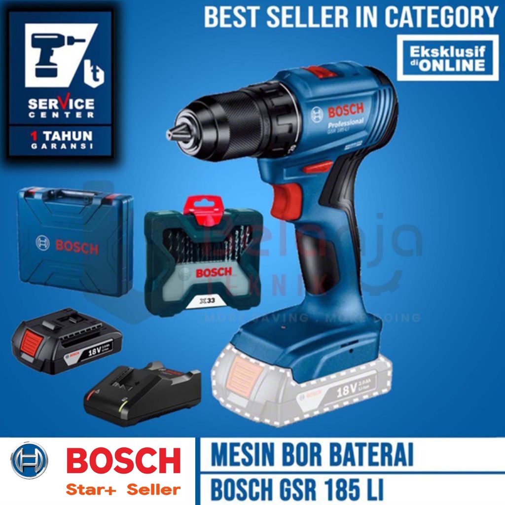 Bosch Mesin Bor Baterai Cordless Drill GSR 185 LI 18V + X-line 33 Pcs