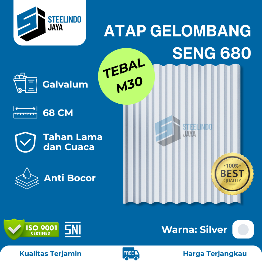 Atap Seng Gelombang Galvalum Silver Lebar 680mm Tebal 0,30mm (M030) Panjang 1 - 6 Meter