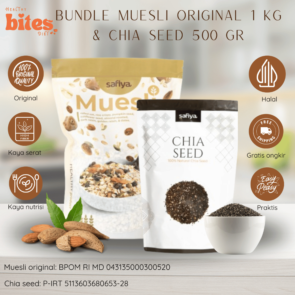 

Muesli Original 1Kg + Chiaseed 500gr - Safiya 2in1 | Snack Sereal Sehat Diet | Healthy Bites Diet
