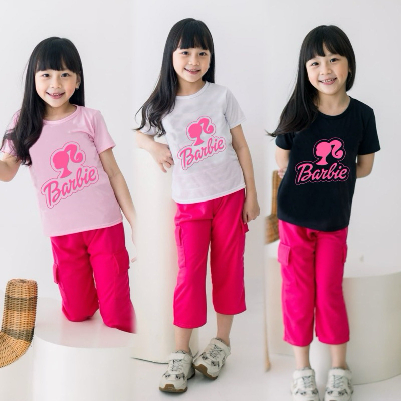 Setelan Celana Kulot Cargo Baju Barbie Anak Perempuan Umur 3-10 Tahun