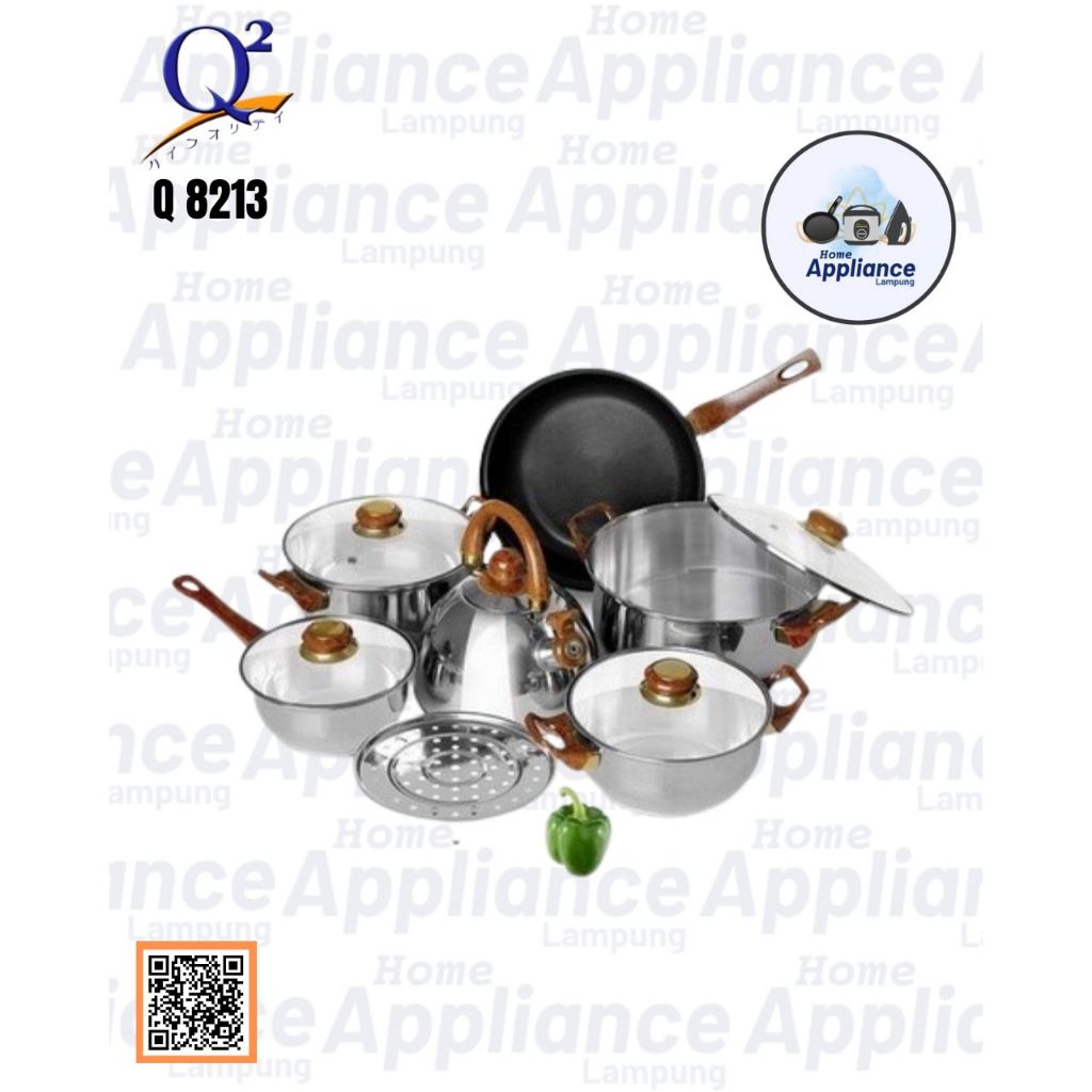 Q2 - Panci Set Serbaguna & Steamer 13 Pcs (Teko Kayu Stainless Steel) / Q2 8213