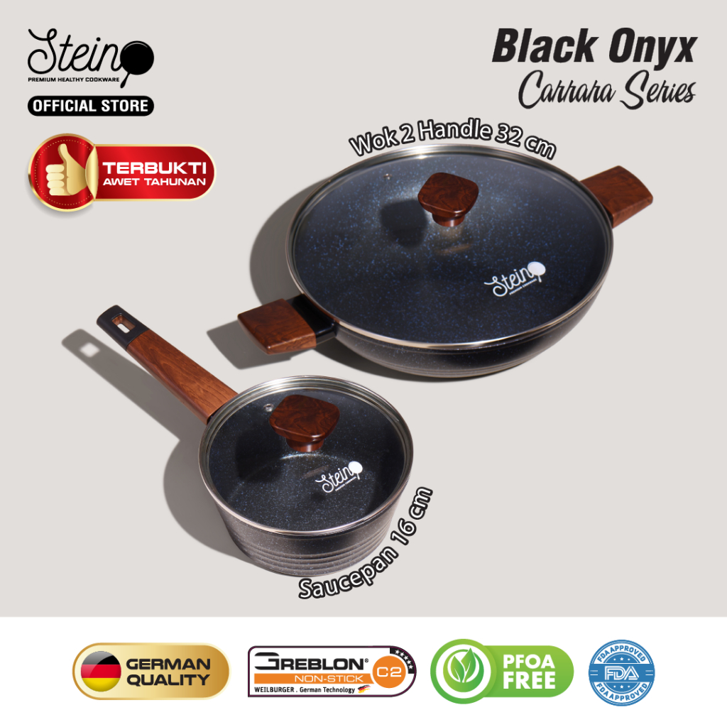 STEIN Paket Carrara (Panci dan Wok GERMAN Granite Series + ANTI LENGKET)- 18cm + 32cm Set