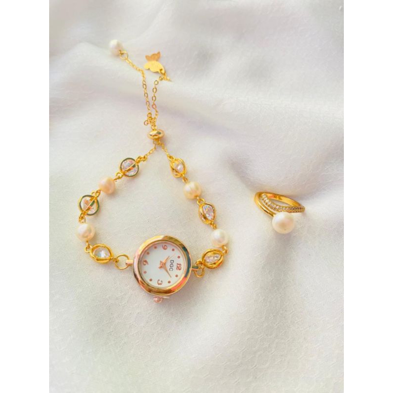 set jam dan cincin mutiara asli
