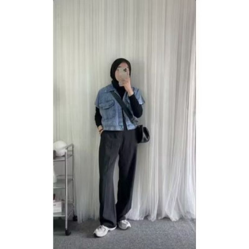 YEONSU STORE - Jaket Jeans Wanita - Jaket Rompi Crop Jeans Tanpa Lengan - Rompi Jeans Wanita TGH