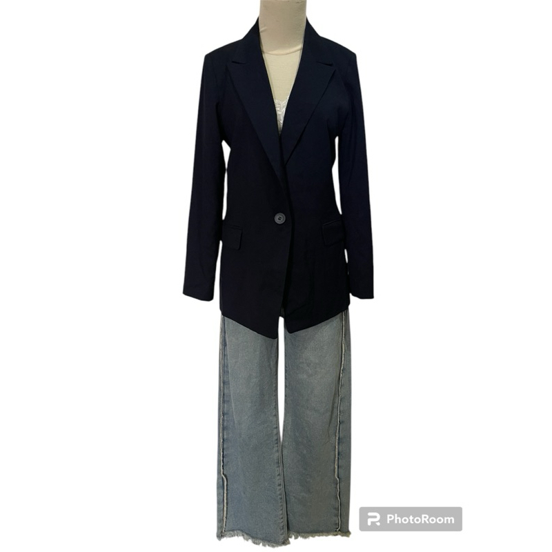Tankus long blazer warna blue black navy gelap size L