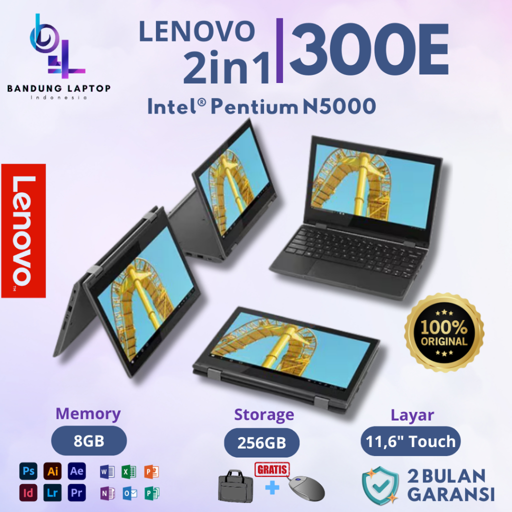 Laptop Lenovo 300E Intel Pentium N5000 Ram 4/8GB Ssd 128GB Touchscreen  2in1 Foldable Second Mulus B