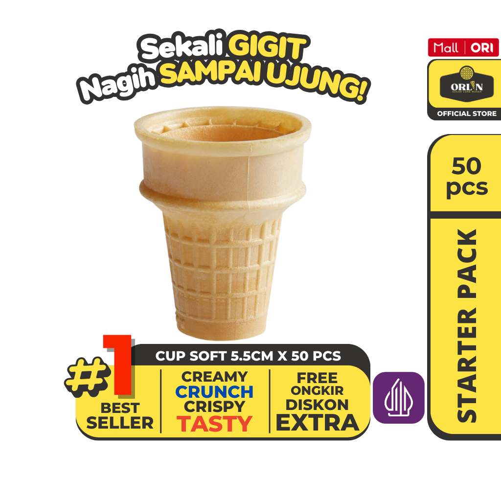 

ORLIN Starter Pack Wafer Cup Cone Ice Cream Mcd 5,5cmx7cm Isi 50pcs Sekali Gigit, Nagih Sampai Ujung