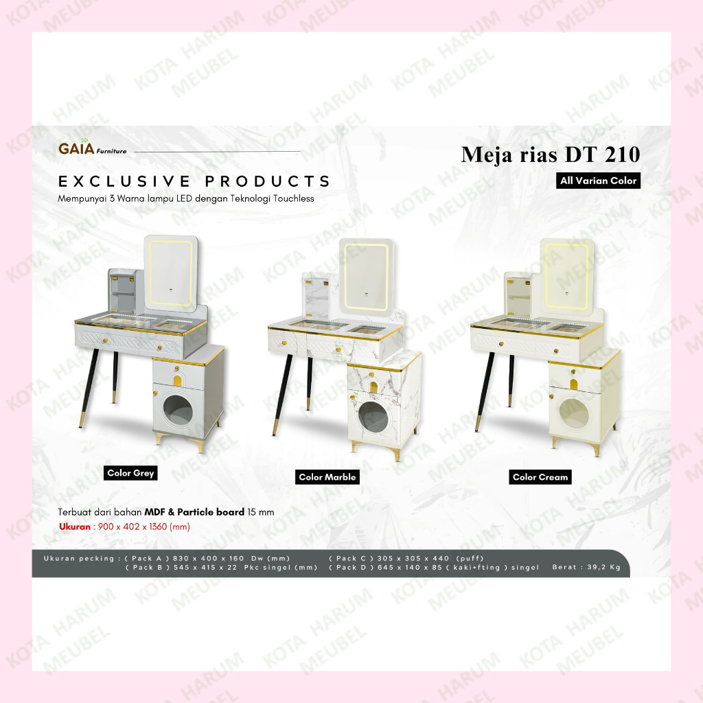 meja rias lampu led touch screen gaia dt 210 abu marmer marble putih cream krem murah bandung