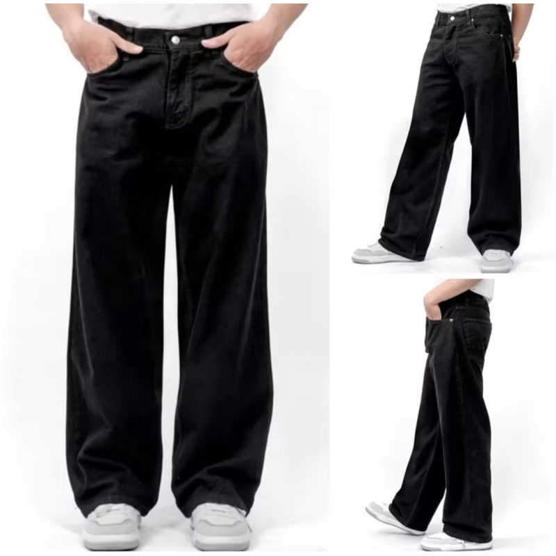 CELANA Jeans Loose Fit Gombrong Bahan Denim Warna Black Whisker / Celana Baggy Jeans Skena Outfit - 