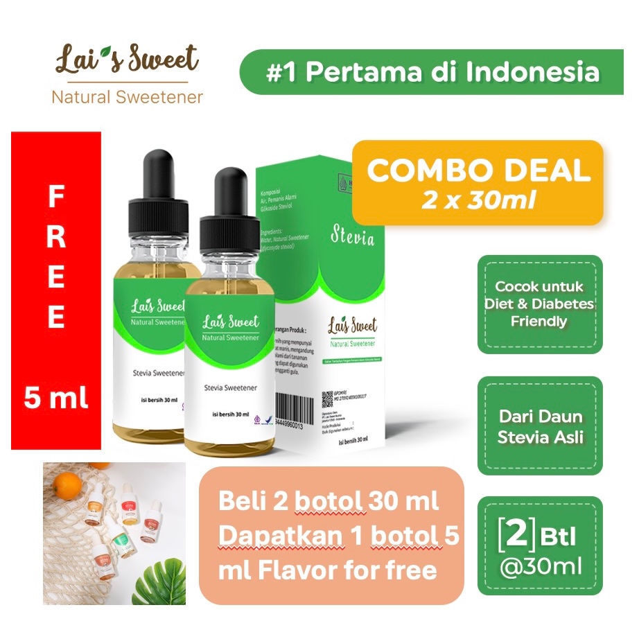 

Lai's Sweet 2 botol original 30 ml free 1 botol 5 ml flavor gula Stevia