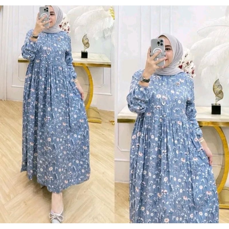 Dress rayon viscose motif bunga busana muslim resleting