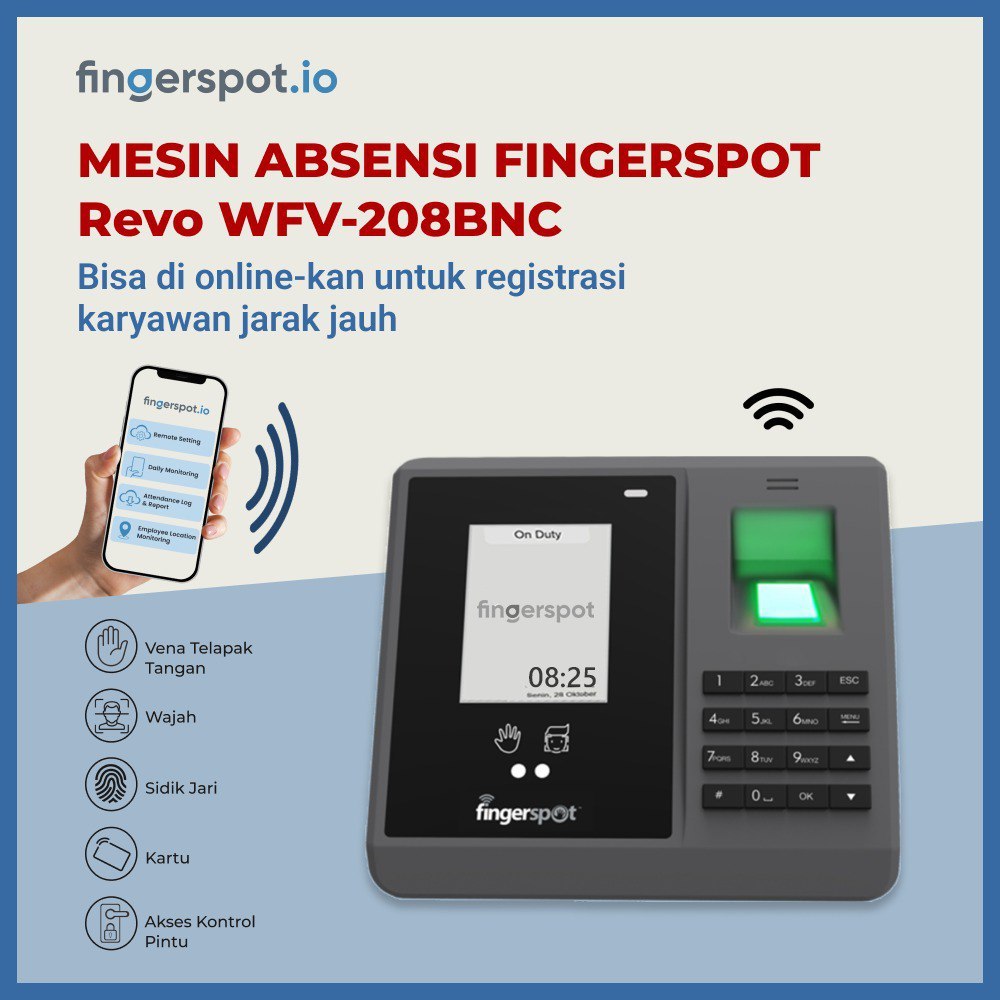 Paket Online Mesin Absensi Finger Print (Sidik Jari) Fingerspot Revo WFV-208BNC WIFI & Aplikasi Fing