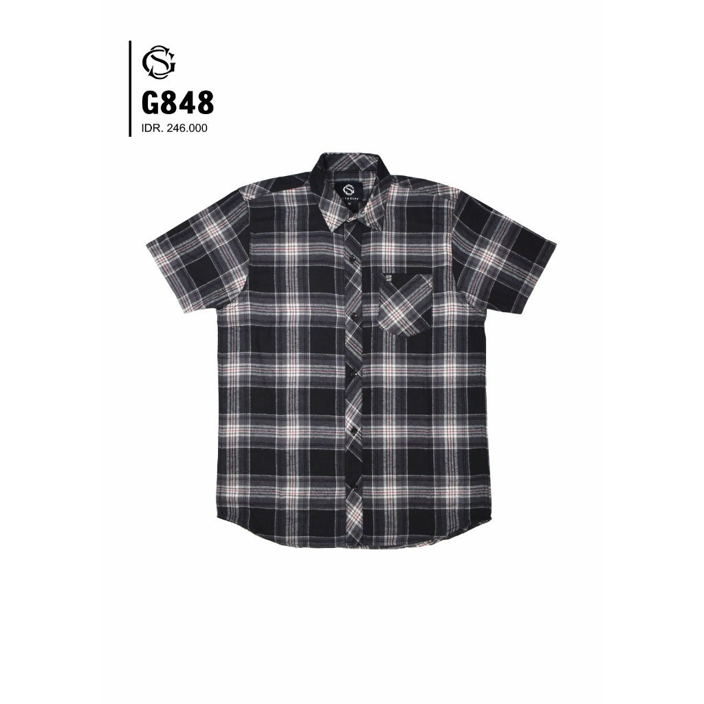 Grey Side-Kemeja Flanel Lengan Pendek Pria-G848 Black-Shirt