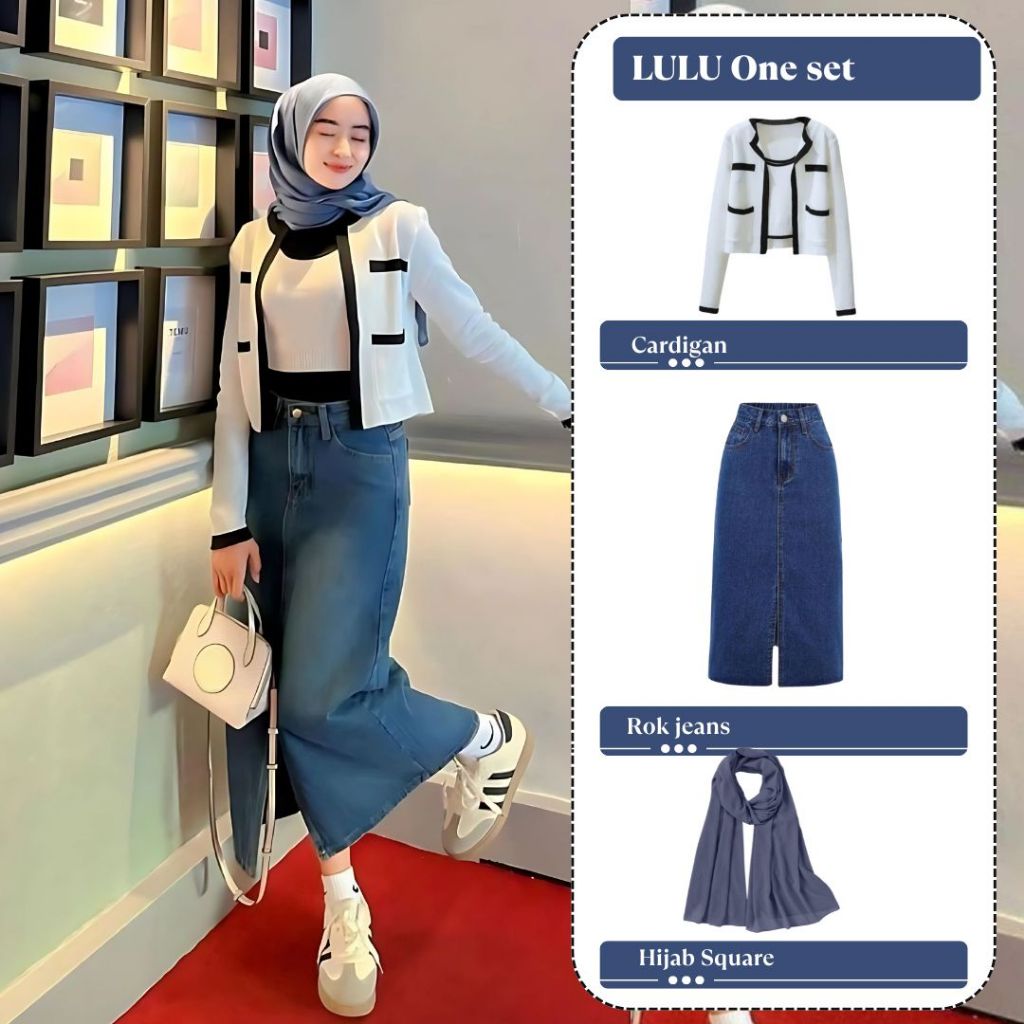 Lulu One Set Wanita Edgy Casual Look Cardigan Rok Jeans Square Hijab  Daily Ootd Kampus Simple