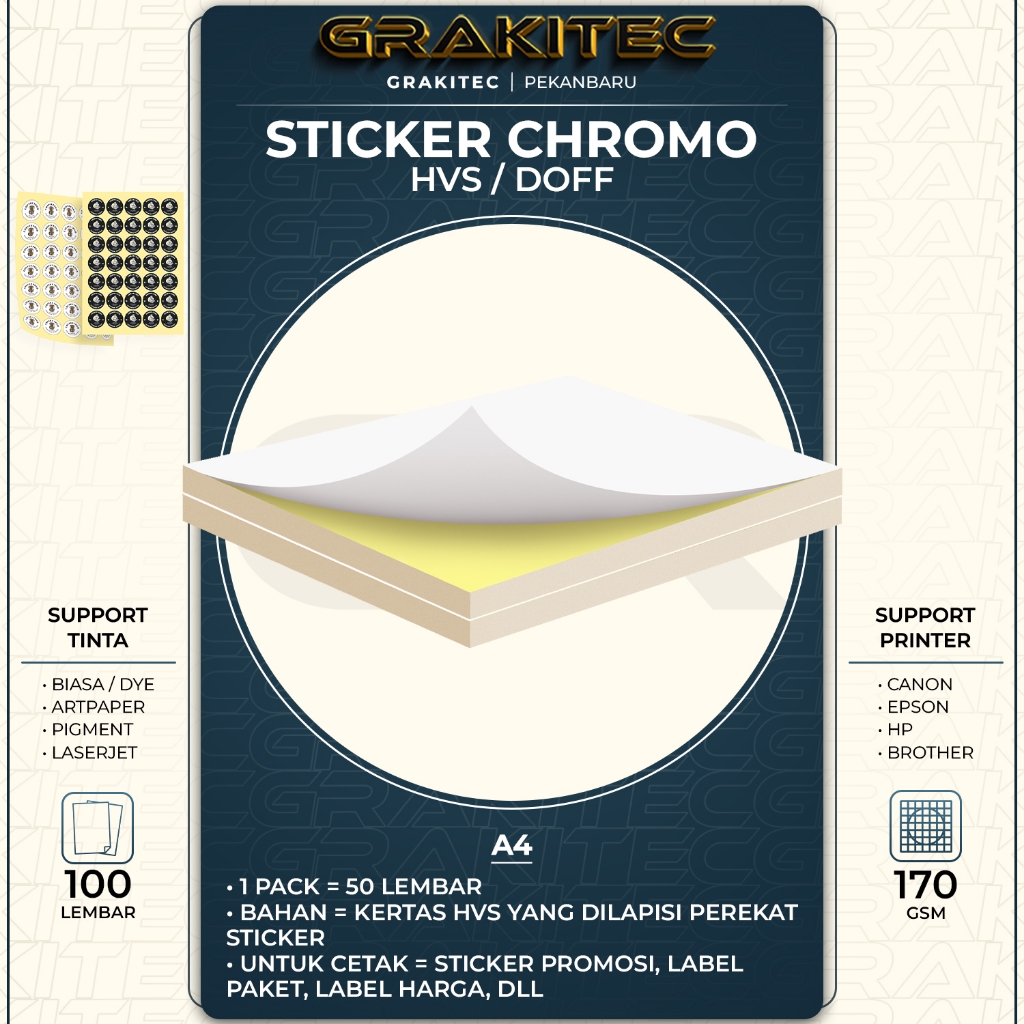 

Kertas Sticker Chromo Doff / Glossy Label A4 isi 100 Lembar / Kromo chromo Grakitec PKU