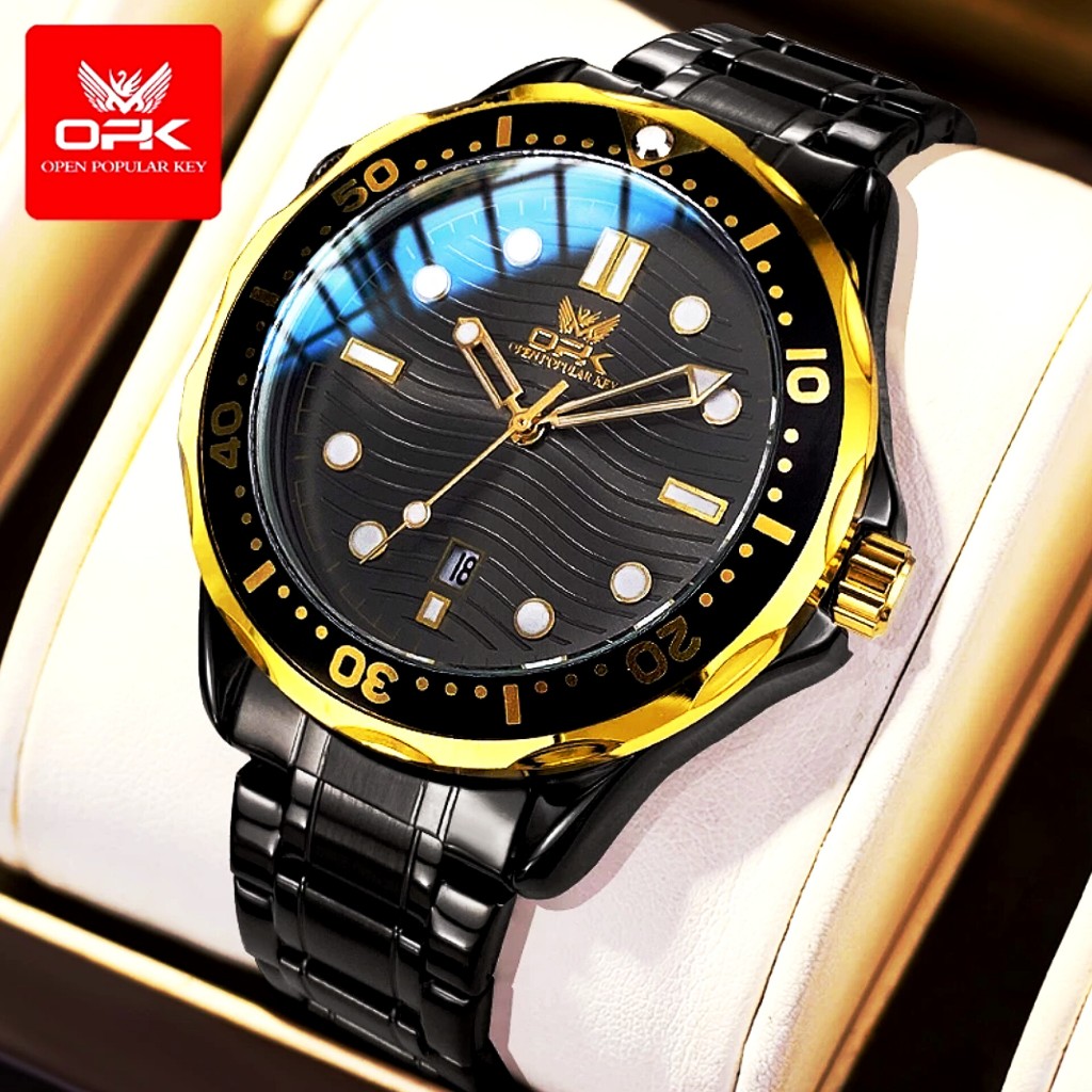Jam Tangan Pria OPK Anti Air Original Kalender Analog Stainless Steel Unik Cermin Arloji Desain Emas