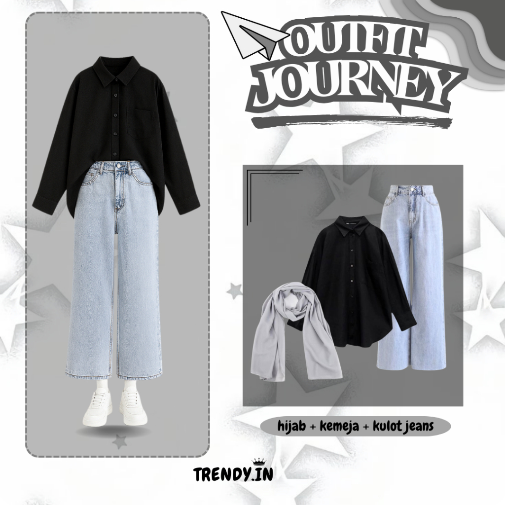 TRENDY.IN - Outfit Hijab 3in1 ( Hijab + Kemeja + Kulot Jeans ) Set OOTD Wanita Kekinian