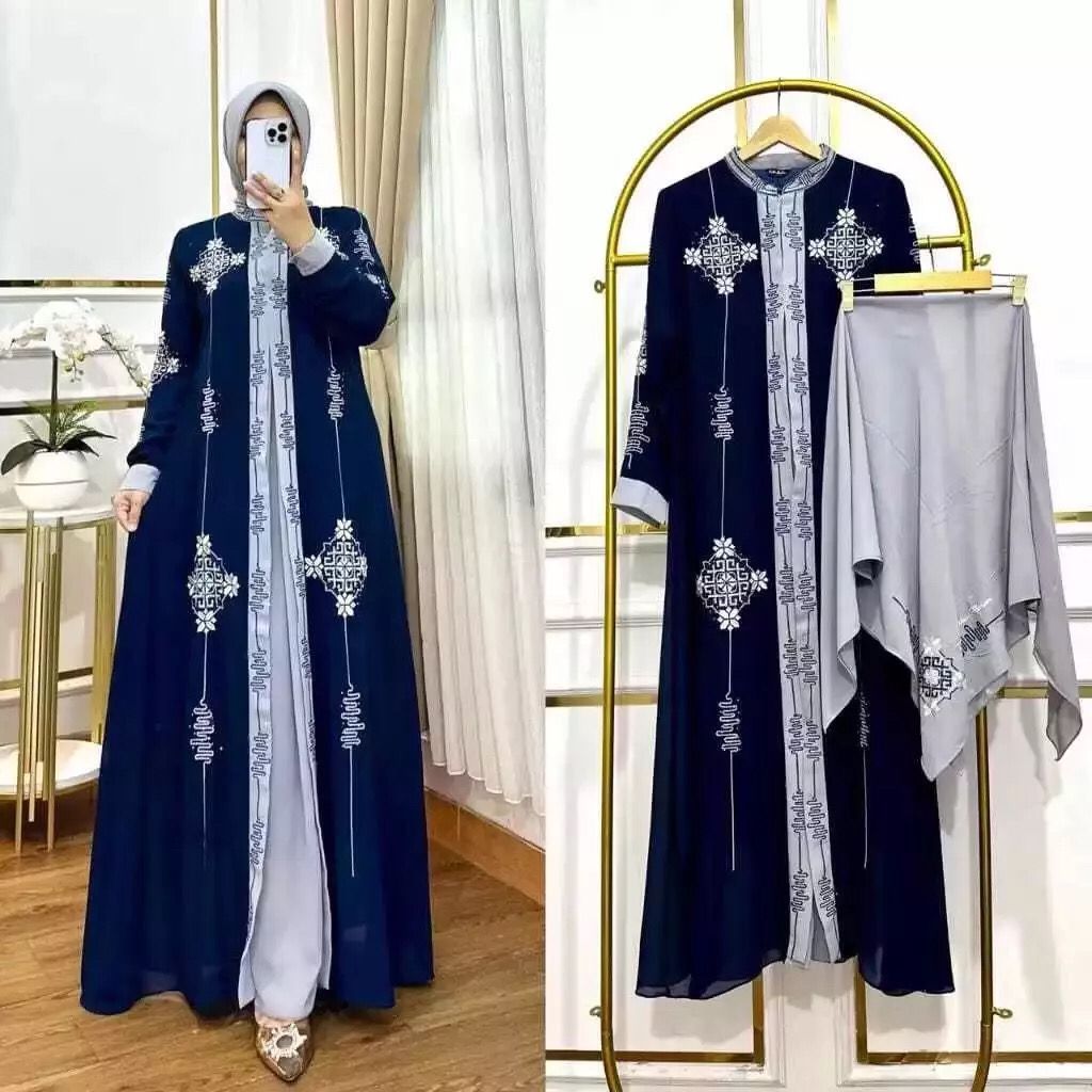 Gamis Citra Kirana Set Hijab Dress Muslim Wanita Bahan Ceruty Babydoll Motif Bordiran Payet Permata