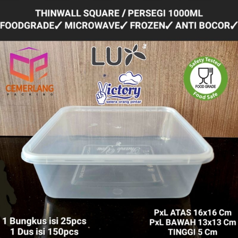 Thinwall Square Persegi 1000ml Kotak Makan Plastik Lunch Box Nasi Snack 1000 ml Katering Acara