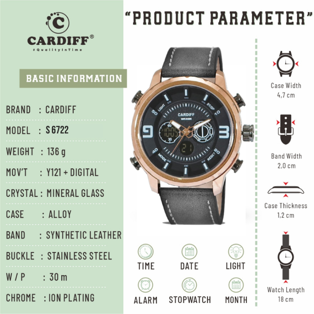 WTT CARDIFF Jam tangan dual time pria analog dan digital kulit S 6722 double time leather waterproof