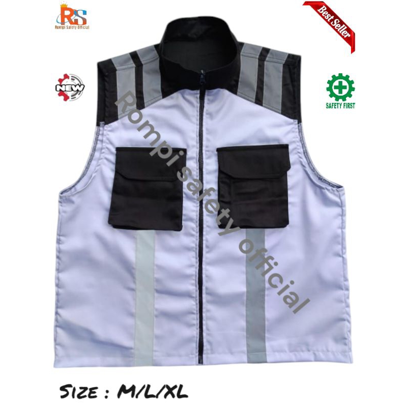 CUSTOM ROMPI SAFETY / SAFETY VEST MODEL KERAH / ROMPI PROYEK / ROMPI KOMBINASI PUTIH HITAM / ROMPI
