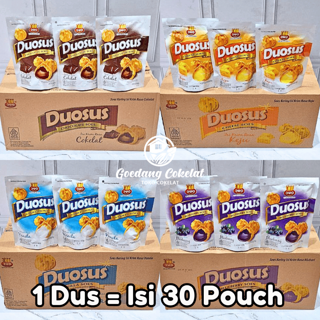 

RB Duosus Soes Kering Coklat Cokelat Blueberry Cheese Vanilla 1 Dus Isi 30 Pouch x 35gr