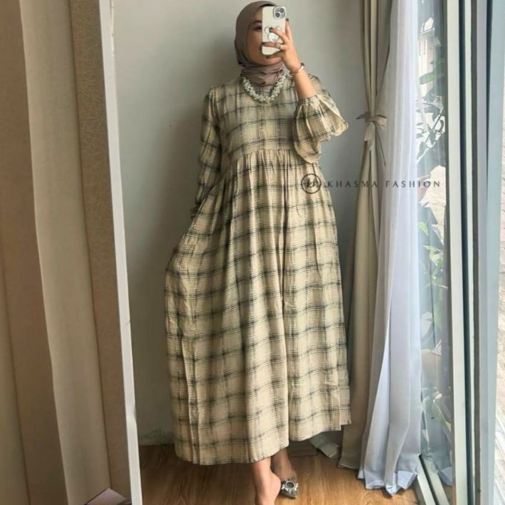 Midi Dress Rayon Premium Raima Midi Motif Kotak Kotak by khasmafashion