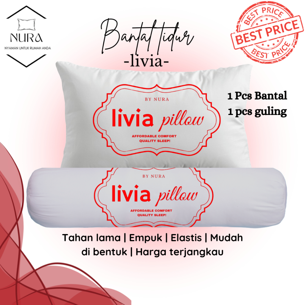 Satu Set Bantal Guling Tidur LIVIA Tisu Dacron Kain katun Ukuran standart