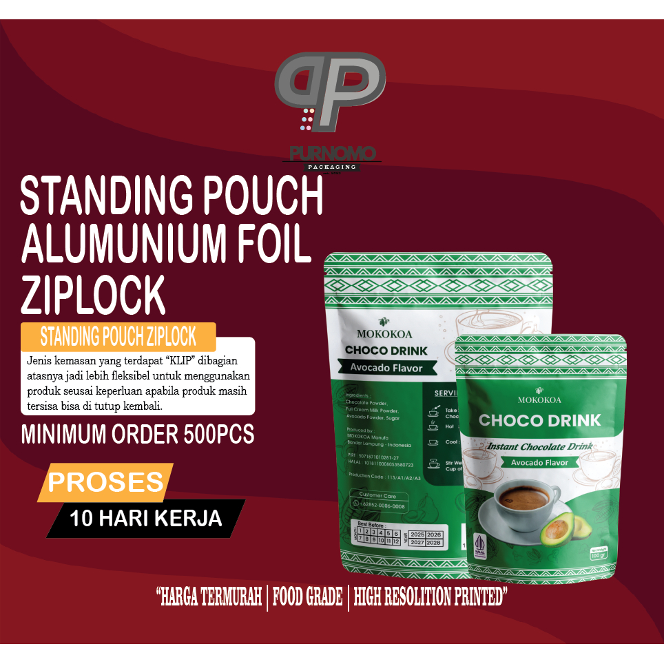 Cetak kemasan standing pouch custom alumunium foil ziplock