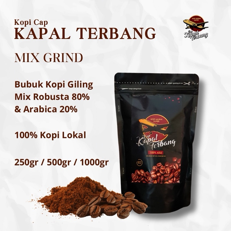 

Kopi Bubuk Campuran Robusta 80% & Arabica 20% – Kapal Terbang Bundling | 250gr / 500gr / 1000gr | Gilingan Halus / Medium / Kasar