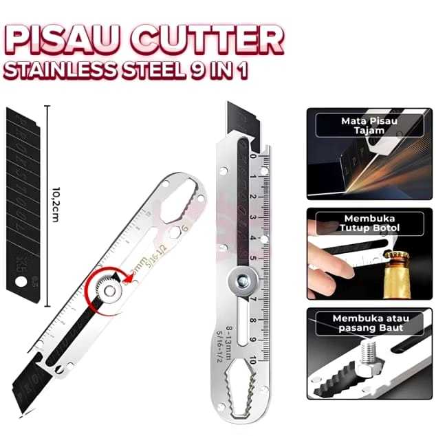 

(T) Pisau Cutter Stainless Besi 9in1 Cutter Stainless Pemotong Kertas Tajam Anti Karat Multifungsi