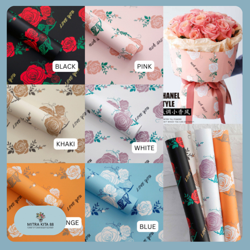 

Isi 20 LEMBAR Kertas Buket Bunga Bunga Motif Rose Mawar Flower Wrapping Pattern Rose Cellophane KB070