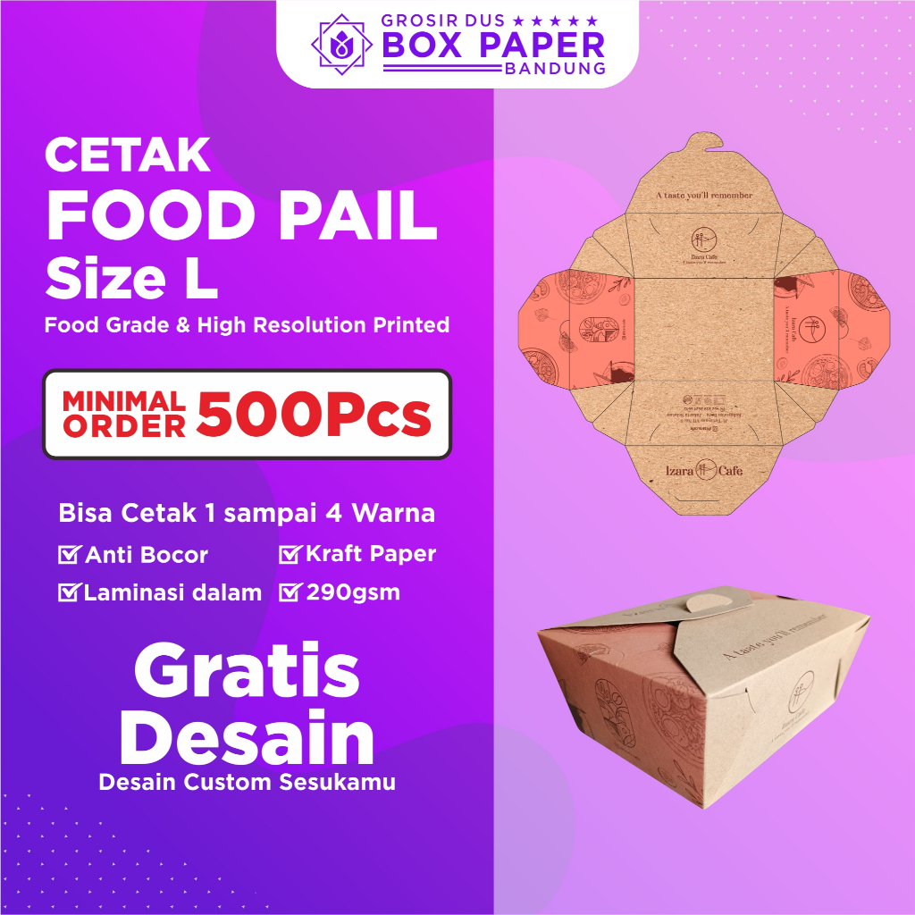 Food Pail Rice Box Size L Custom Cetak Print Logo Merek Box Makanan Karton Kraft
