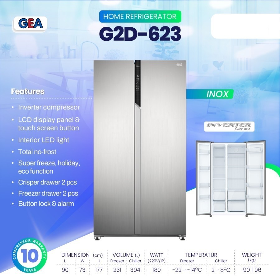 GEA G2D-623 INOX 2 DOOR SBS FRIDGE FREEZER / G2D-623 INOX KULKAS LEMARI ES 2 PINTU G2D-623 INOX SIDE