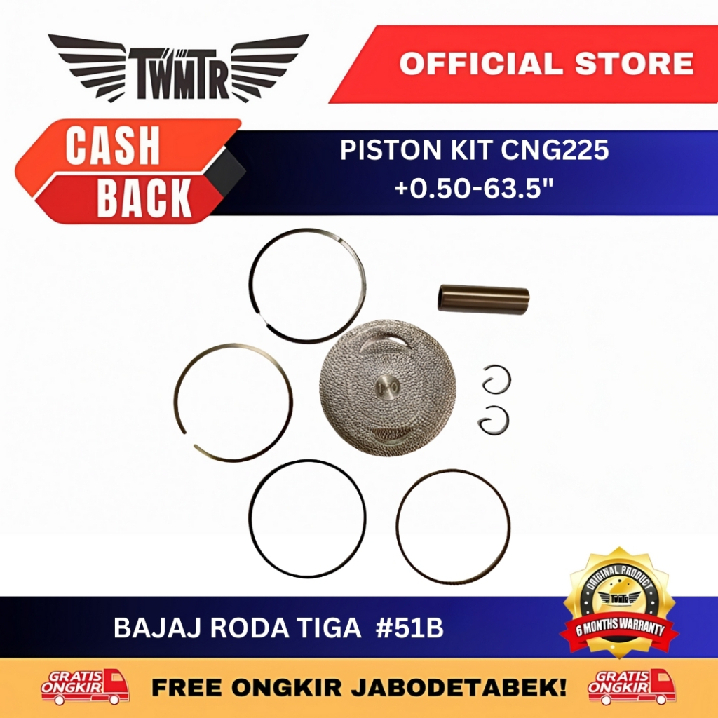 TWMTR 51.B - PISTON KIT CNG225 +0.50-63.5"/PISTON BAJAJ CNG225 OS 0.50 SEHER SET - SPAREPART MOTOR R