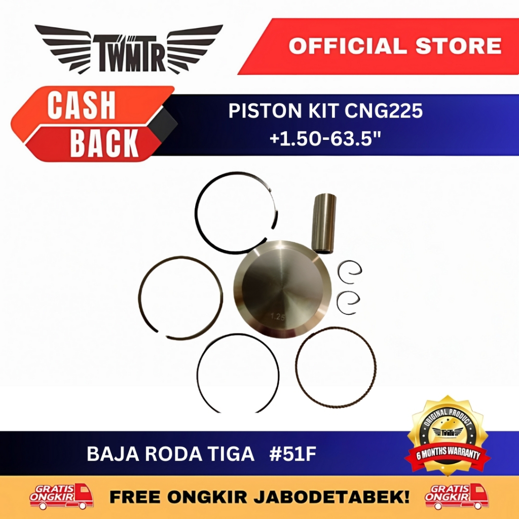 TWMTR 51.F - PISTON KIT CNG225 +1.50-63.5"/ PISTON BAJAJ CNG225 OS 1.50 SEHER SET - SPAREPART MOTOR 