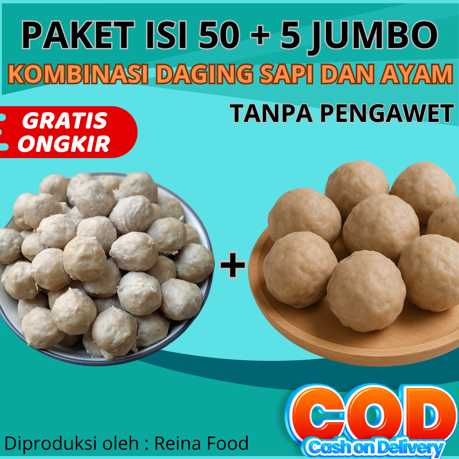 

PAKET ISI 50 + 5 JUMBO BAKSO PREMIUM KOMBINASI DAGING SAPI DAN AYAM