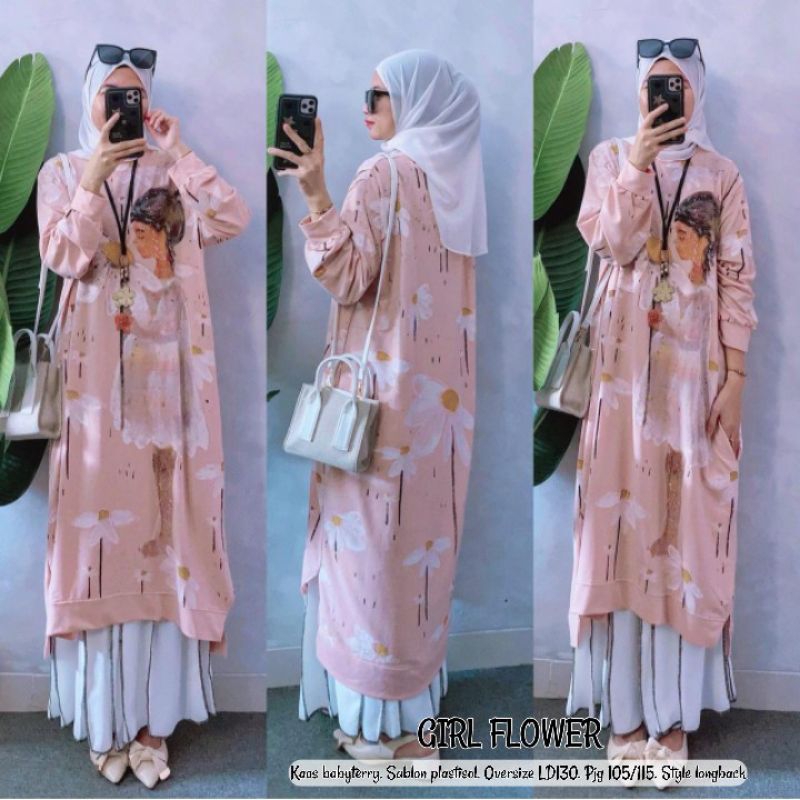 GIRL FLOWER long tunik | tunik kaos babyterry premium| Long Tunik motif