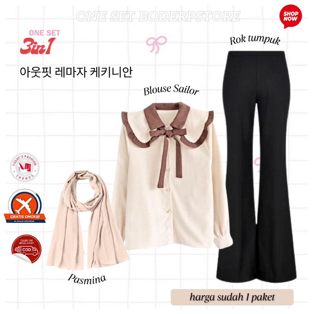 OneSet Dress Well Style Vintage 3in1 Outfit Set Blouse Sailor Mocca, Cutbray Hitam, Hijab
