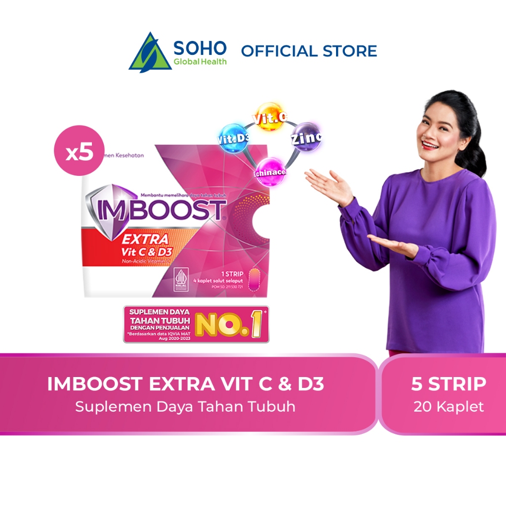 Imboost Extra Vit C & D3 Suplemen Tablet Daya Tahan Tubuh Non-Acidic Vitamin C isi 5 Strip @4 Kaplet