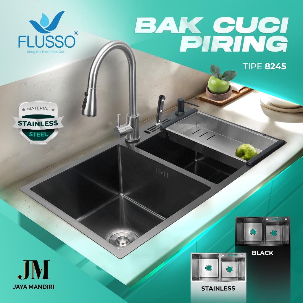 Flusso Sink Cuci Piring 2 Lubang Stainless Steel Wastafel Bak Cuci Piring Warna Hitam 2872