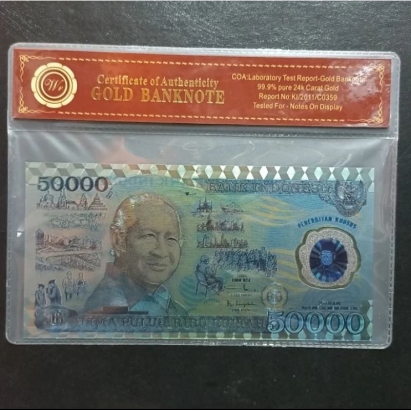 uang gold foil 50000 soeharto polimer + folder